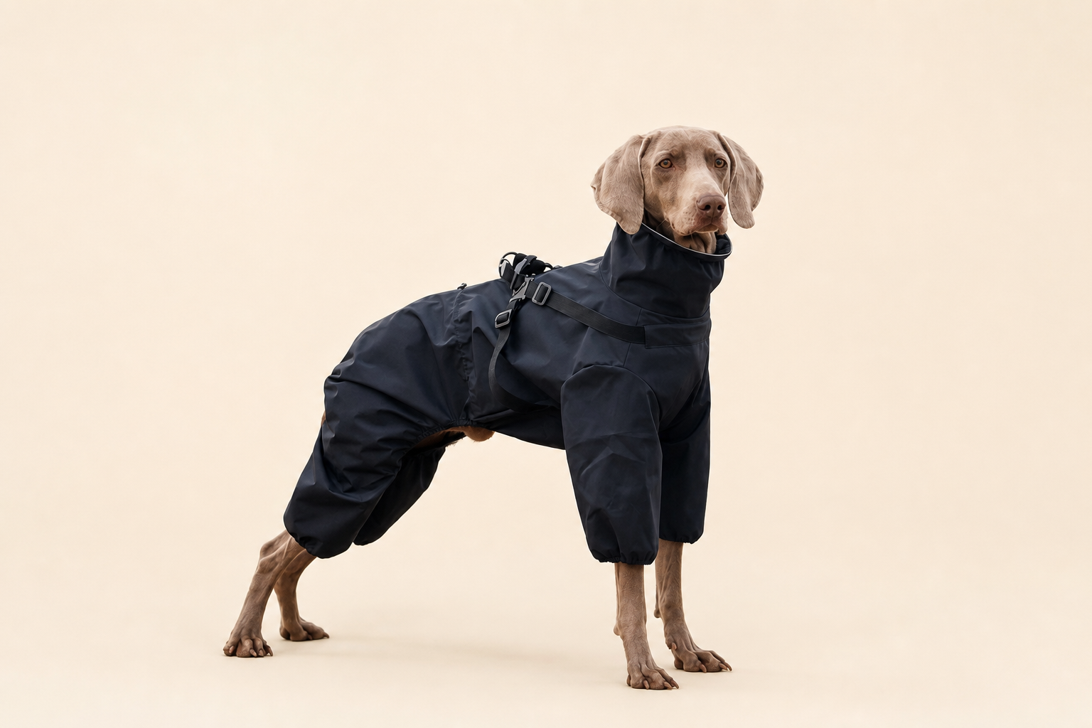 Dog wearing a black HERDWILD four-leg raincoat