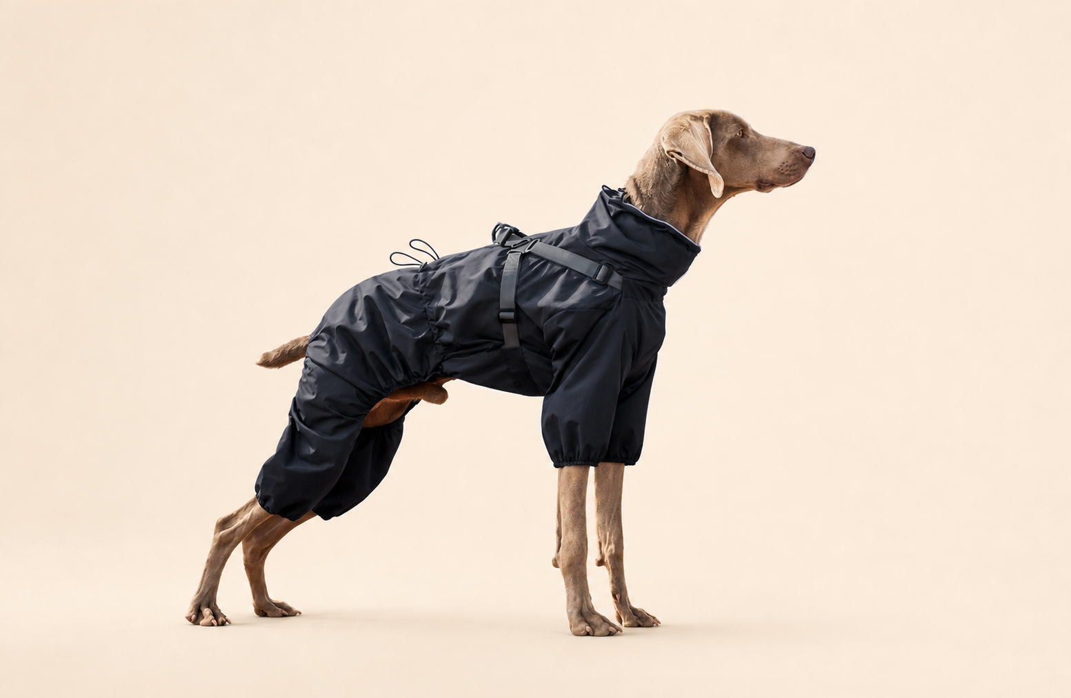 Side view of dog wearing a black HERDWILD four-leg raincoat