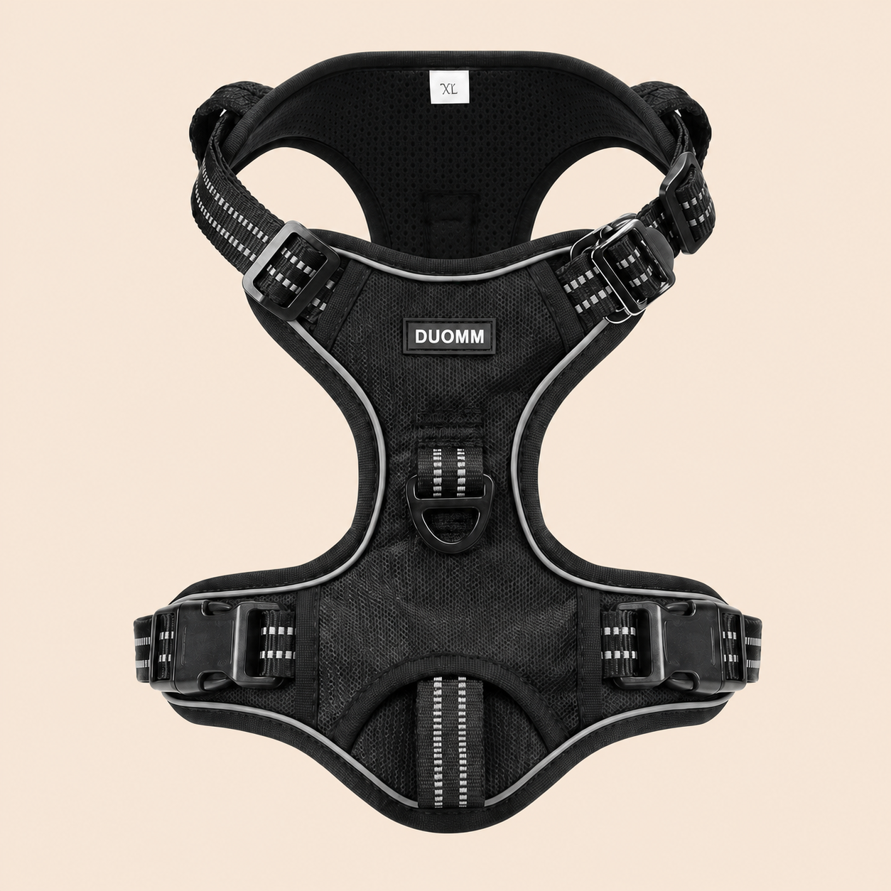 HERDWILD Reflective Dog Harness in Black - front view with DUOMM chest badge