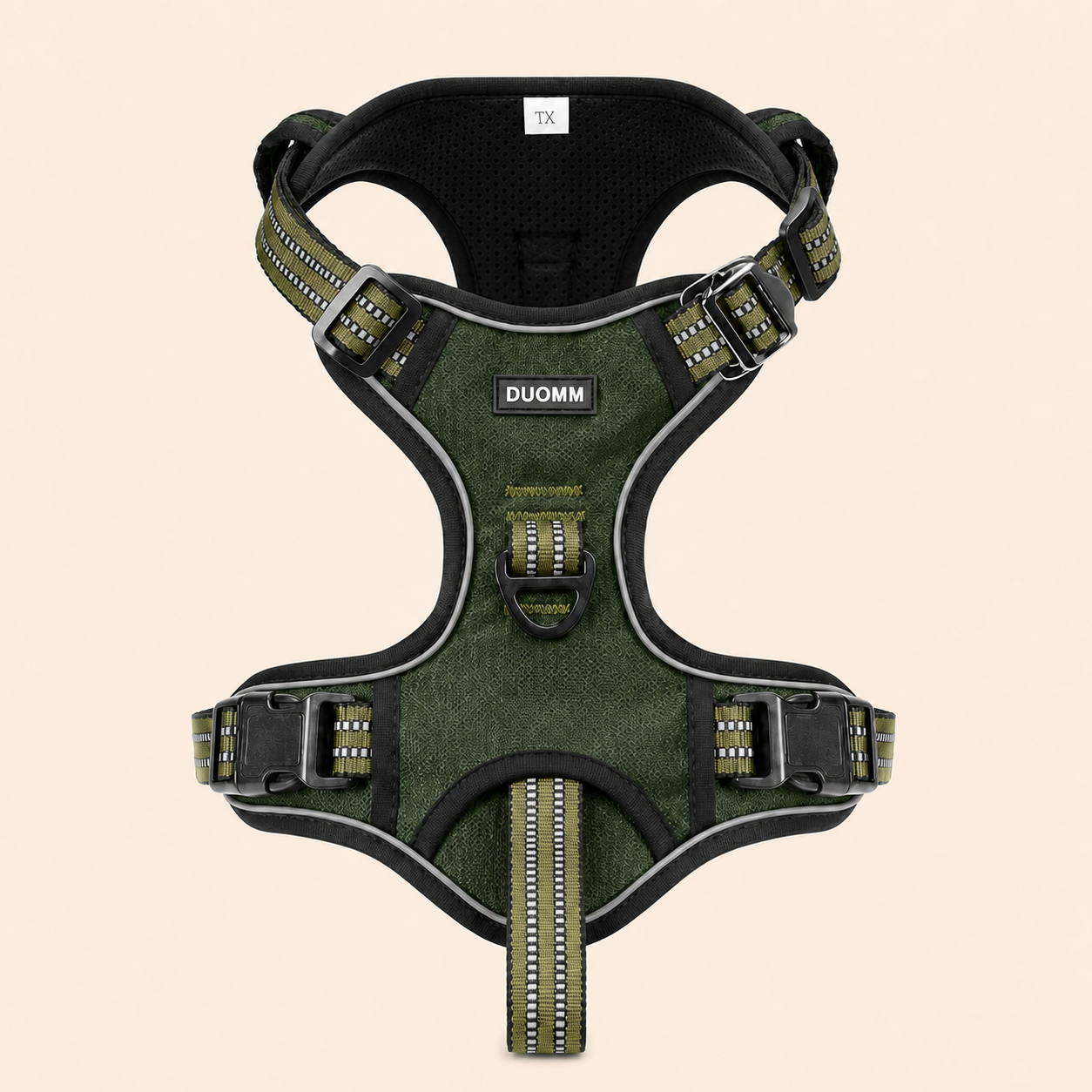 HERDWILD Reflective Dog Harness in Olive Green - front view with DUOMM chest badge