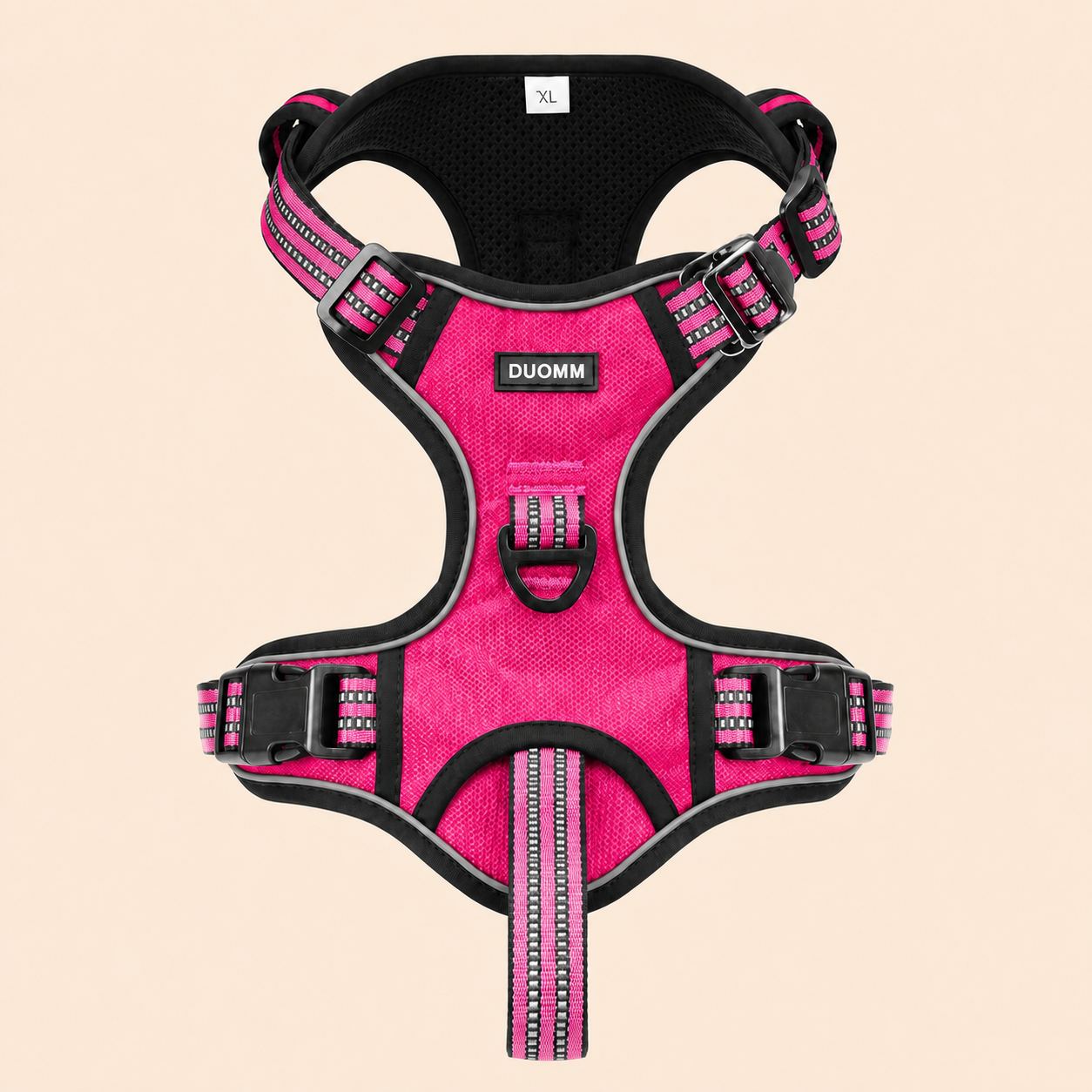 HERDWILD Reflective Dog Harness in Rose Pink - front view with DUOMM chest badge
