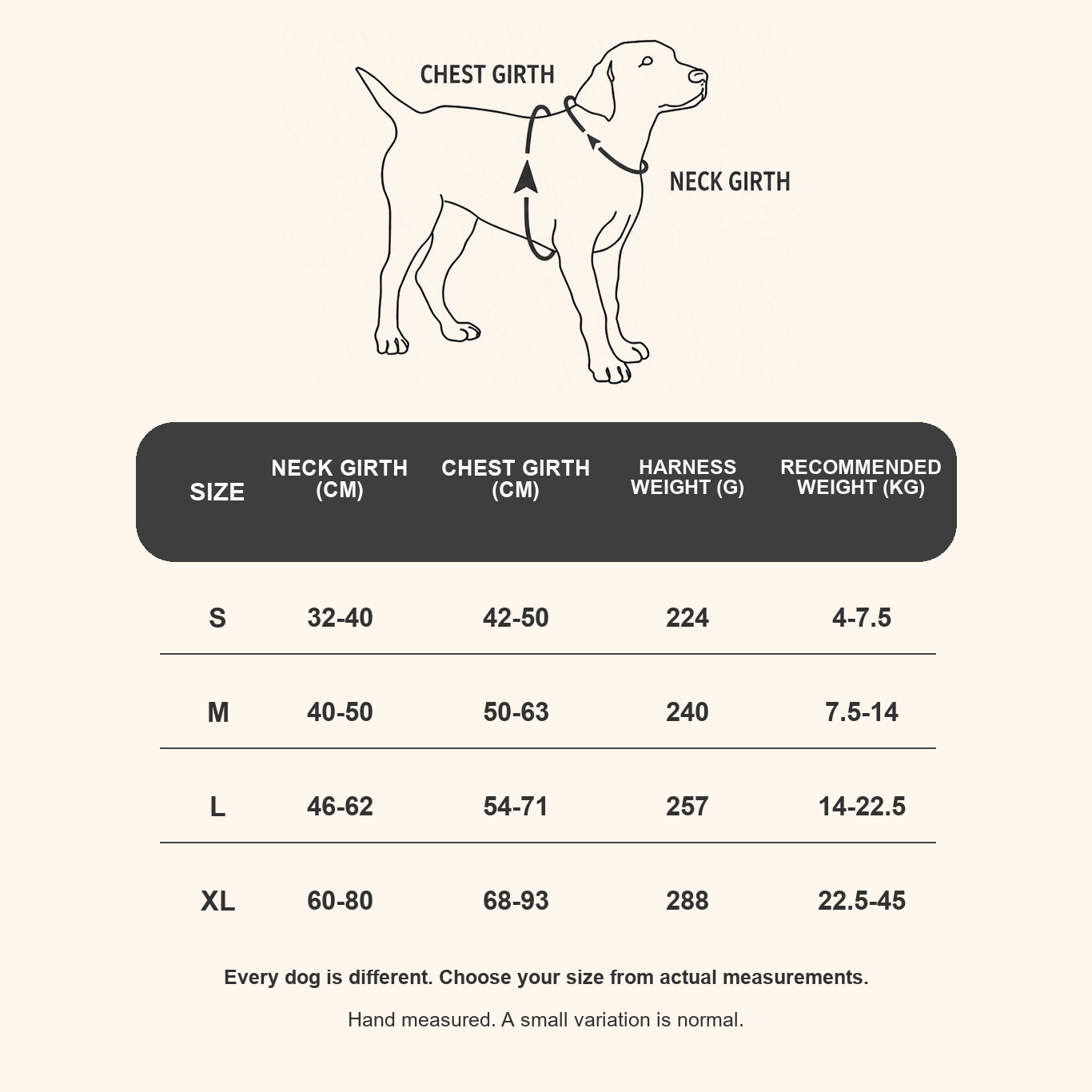 HERDWILD reflective dog harness size guide
