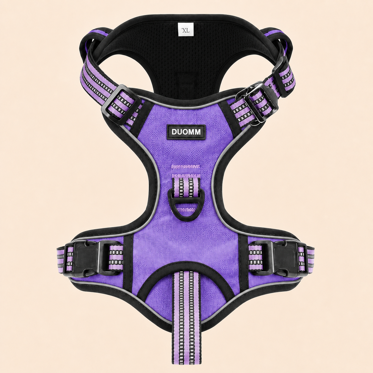 HERDWILD Reflective Dog Harness in Violet Purple - front view with DUOMM chest badge
